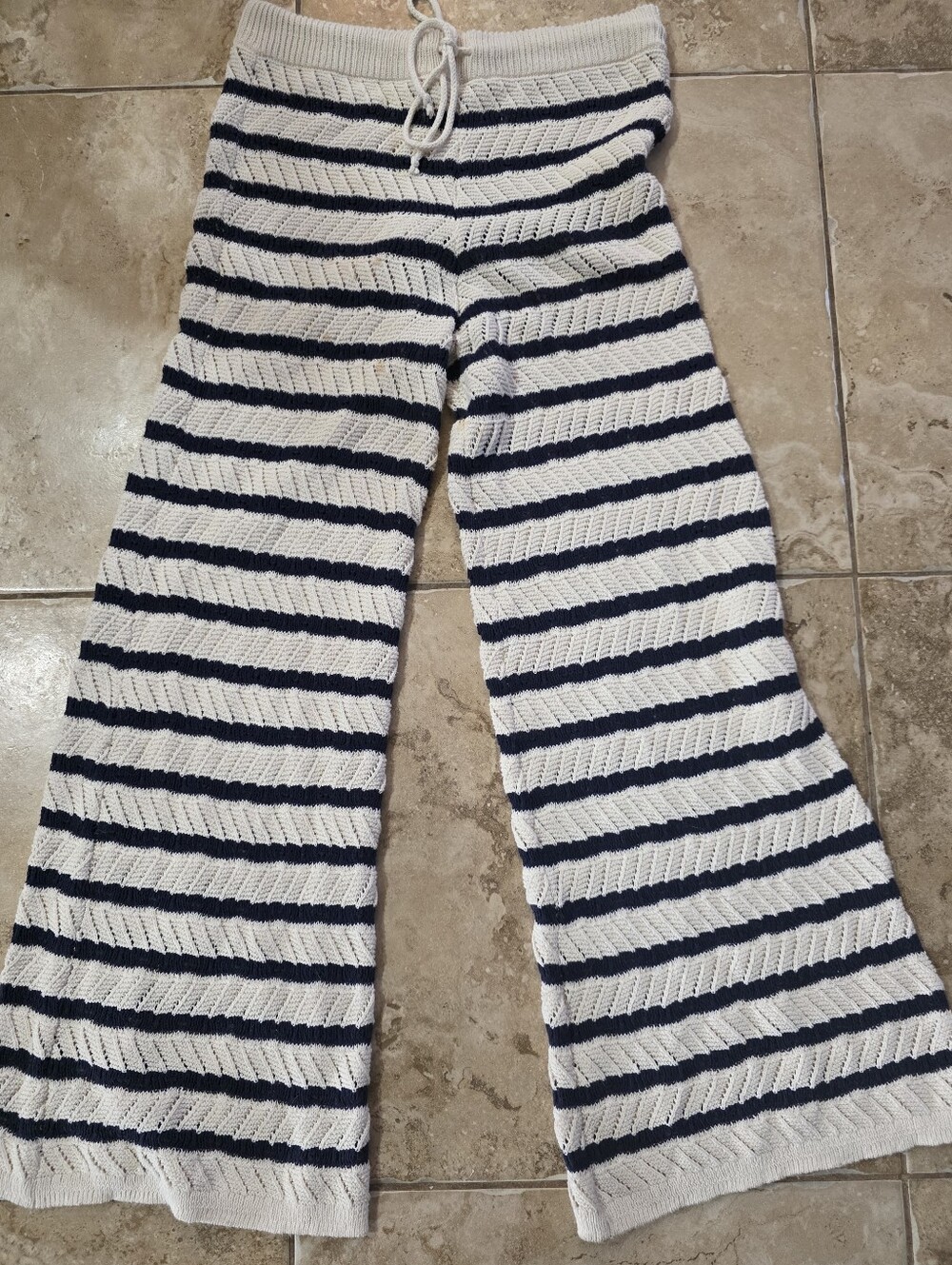 Aerie Striped Knit Wide-Leg Kids Pants - White & Navy